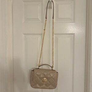 Tory Burch Beige Quilted Crossbody with Gold Chain